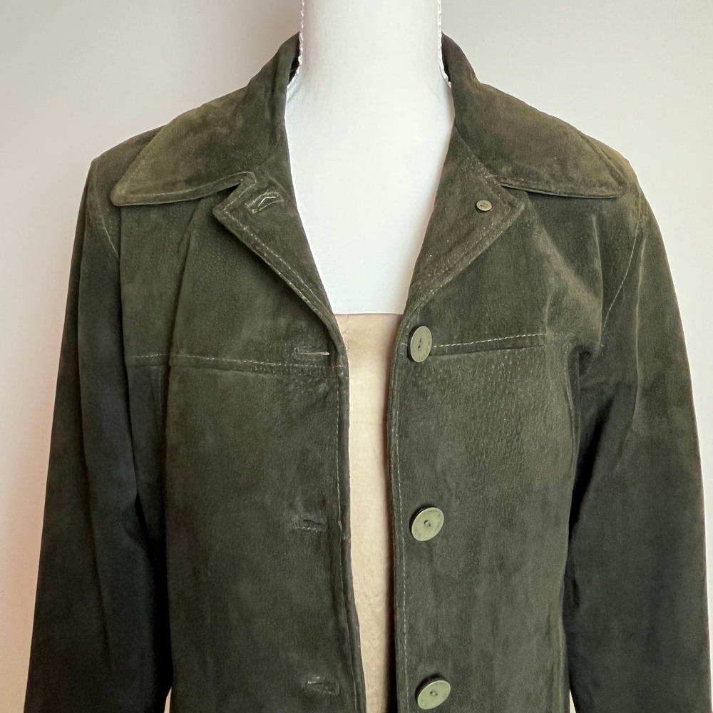 Fairweather Womens Suede Leather Jacket Olive Green Y2K 90s Blazer Medium
